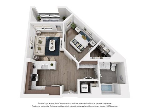 A 3D floor plan of a small apartment with a kitchen, living room, and bedroom.